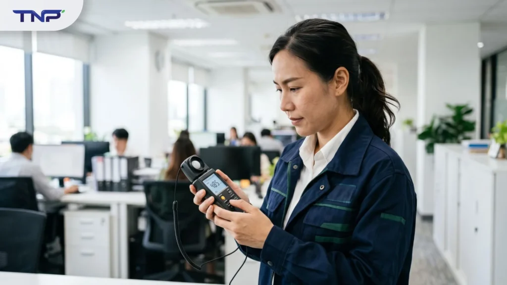 พนักงานใช้เครื่องวัดตรวจสอบค่าความสว่างภายในพื้นที่ทำงาน